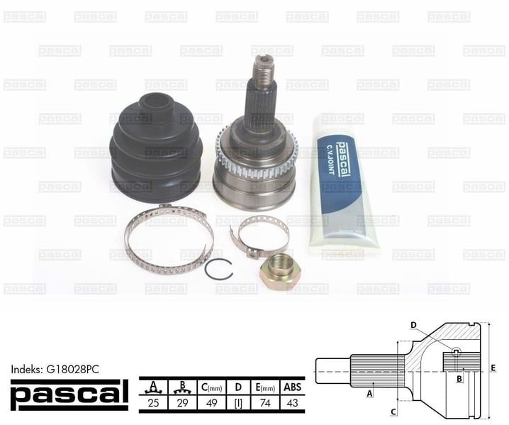 ШРУС зовнішній (25z/29z/49мм ABS43) SUZUKI IGNIS I SWIFT III 1.3/1.3D/1.5 10.00- G18028PC PASCAL