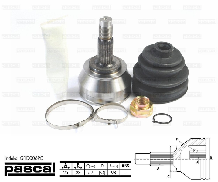 ШРУС зовнішній (25z/28z/59мм) ALFA ROMEO 145 146 156 FIAT MAREA LANCIA LYBRA 1.9D/2.4D/2.5 02.97-05.06 G1D006PC PASCAL