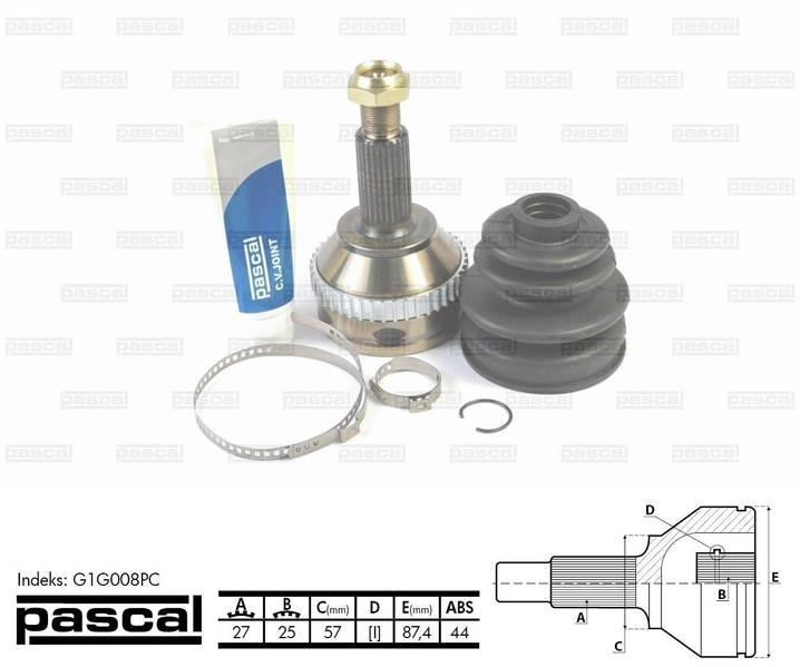 ШРУС зовнішній (27z/25z/57мм ABS44) FORD MONDEO I MONDEO II 1.8-2.5 02.93-09.00 G1G008PC PASCAL