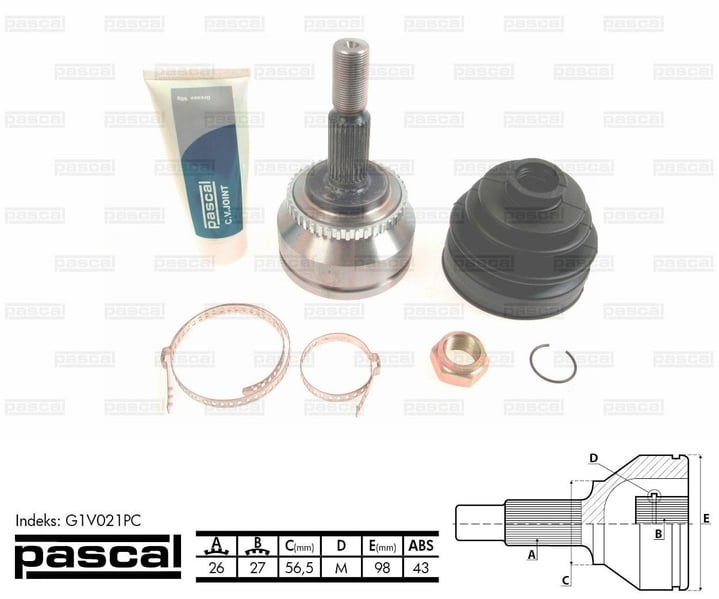 ШРУС зовнішній (26z/27z/565мм ABS43) VOLVO S40 I V40 1.9/1.9D/2.0 05.97-06.04 G1V021PC PASCAL