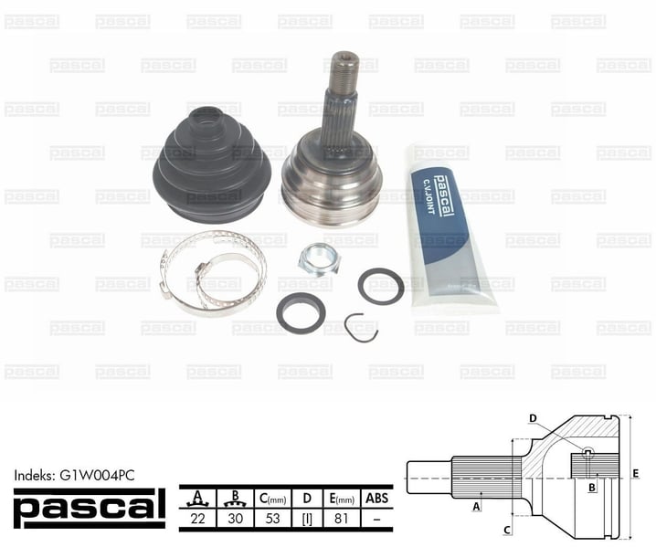 ШРУС зовнішній (22z/30z/53мм) SEAT AROSA VW LUPO POLO ZAZ TAVRIA 1.0-1.9D 01.89-12.07 G1W004PC PASCAL