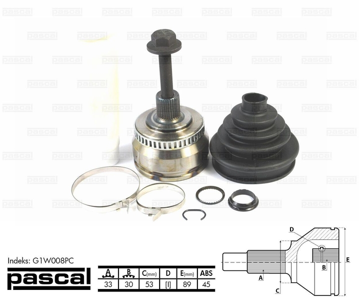 ШРУС зовнішній (33z/30z/53мм ABS45) AUDI A4 A6 SKODA SUPERB I VW PASSAT 1.6-2.3 11.94-03.08 G1W008PC PASCAL