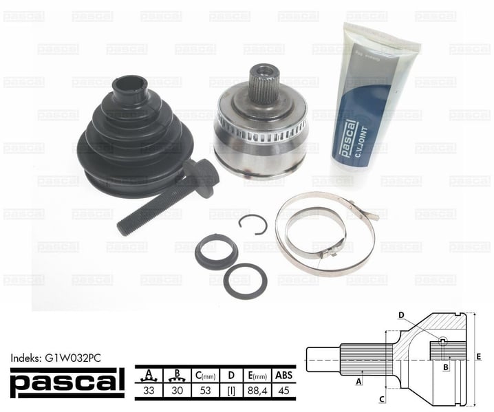 ШРУС зовнішній (33z/30z/53мм ABS45) AUDI A4 SKODA SUPERB I VW PASSAT 1.6-2.3 10.96-03.08 G1W032PC PASCAL