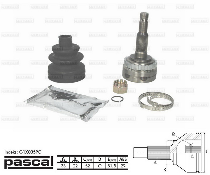 ШРУС зовнішній (33z/22z/52мм ABS29) OPEL VECTRA B 1.6 10.95-07.03 G1X035PC PASCAL