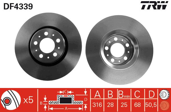 Гальмівний диск передній VOLVO S60 I XC90 I 2.0-4.4 07.00-12.14 DF4339 TRW - фото 1