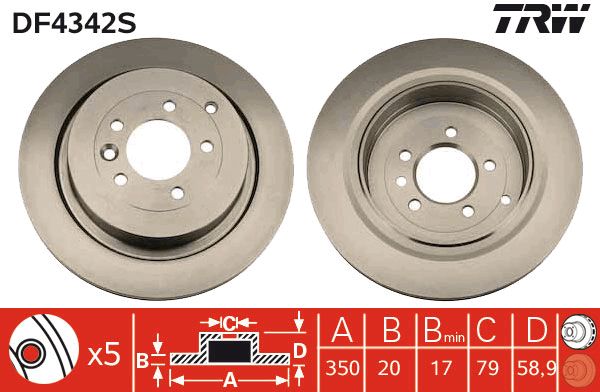 Тормозной диск задний LAND ROVER DISCOVERY IV RANGE ROVER III RANGE ROVER SPORT 2.7D-5.0 02.05- DF4342S TRW - фото 1