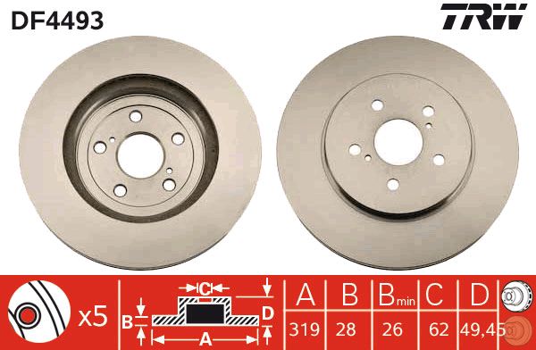 Тормозной диск передний LEXUS RX 3.0-3.5H 05.03-10.15 DF4493 TRW