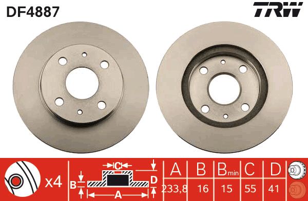 Гальмівний диск передній DAIHATSU CUORE VI CUORE VII MOVE SIRION TREVIS YRV SUBARU JUSTY IV 1.0/1.3 04.98- DF4887 TRW - фото 1