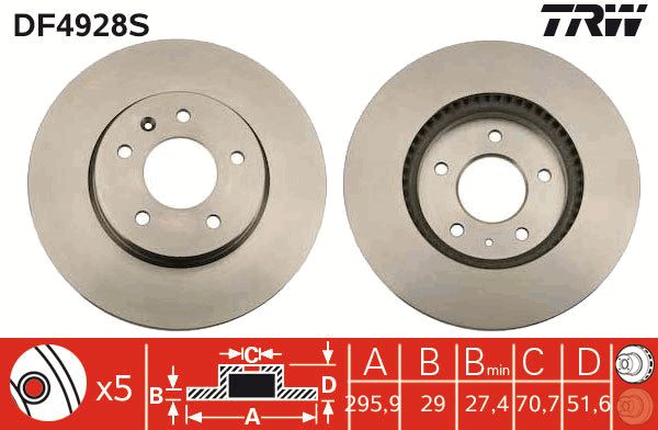 Тормозной диск передний CHEVROLET CAPTIVA EQUINOX OPEL ANTARA PONTIAC TORRENT 2.0D-3.4 04.03- DF4928S TRW