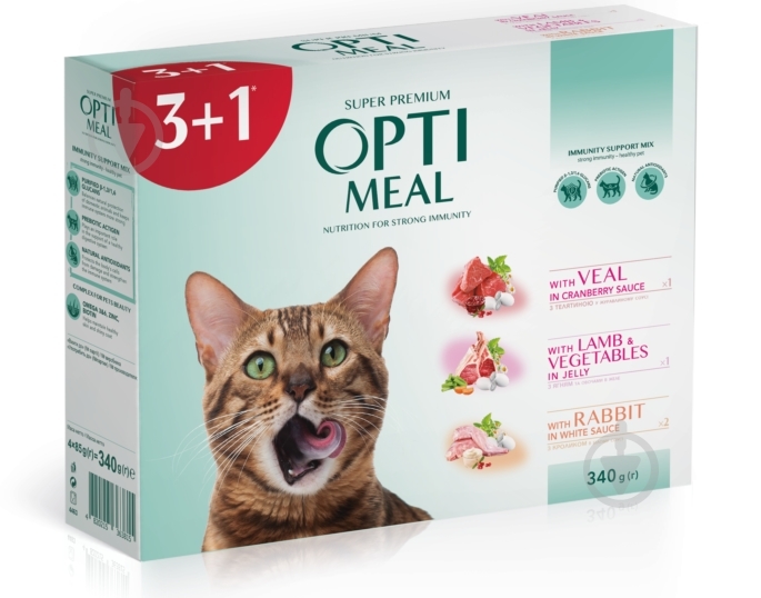Корм Optimeal с ягненком (1шт.) + кроликом (2 шт.) + телятиной (1шт.) 4х85 г 340 г - фото 1 Корм Optimeal с ягненком (1шт.) + кроликом (2 шт.) + телятиной (1шт.) 4х85 г 340 г - фото 1