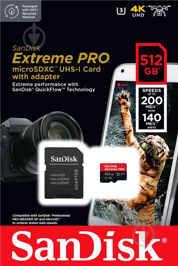 Карта памяти SanDisk microSD 512 ГБ Class 10UHS-I Class 3 (U3) (SDSQXCD-512G-GN6MA) Extreme Pro V30 + SD - фото 2