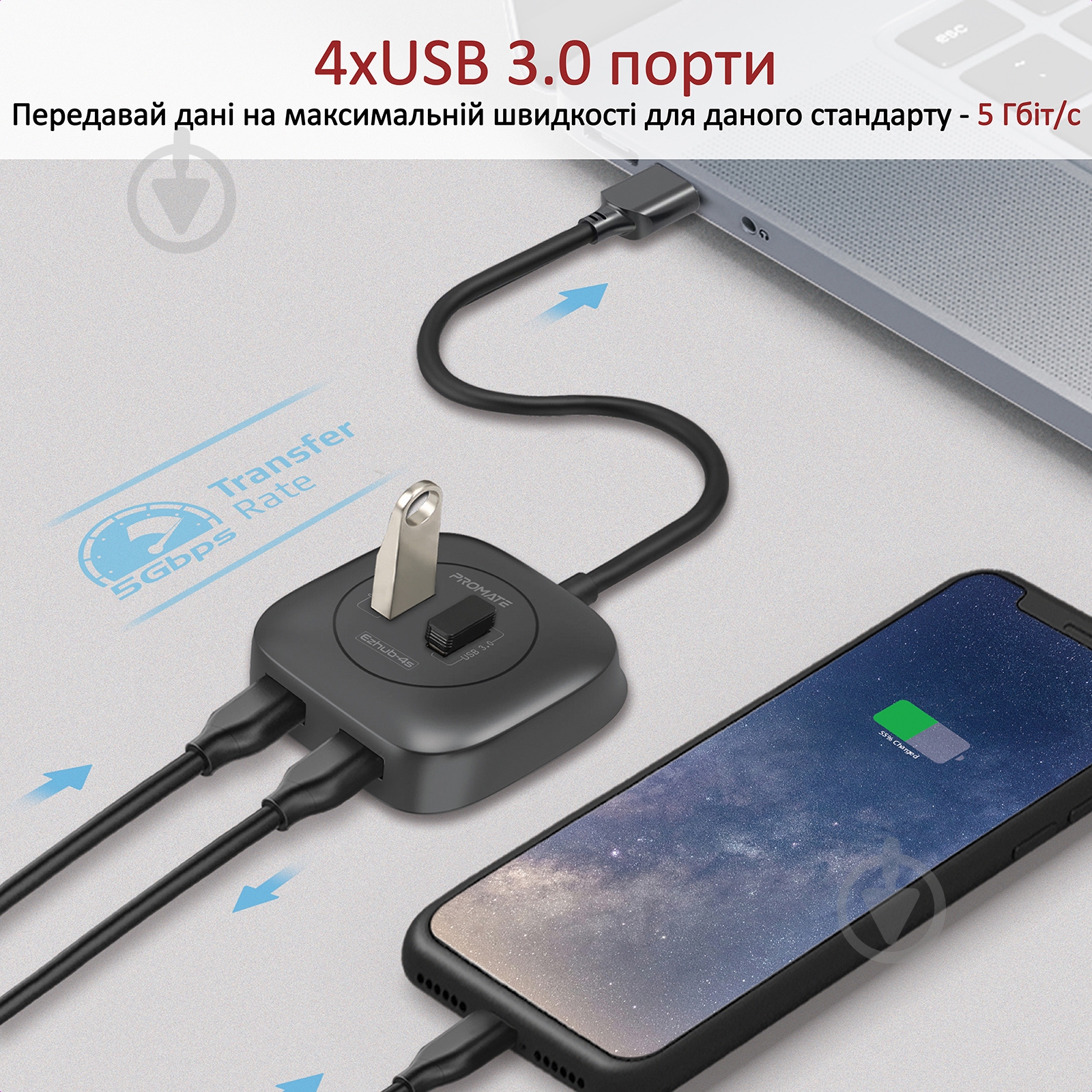 USB-хаб Promate EzHub-4S 4xUSB 3.0 Black - фото 2 USB-хаб Promate EzHub-4S 4xUSB 3.0 Black - фото 2
