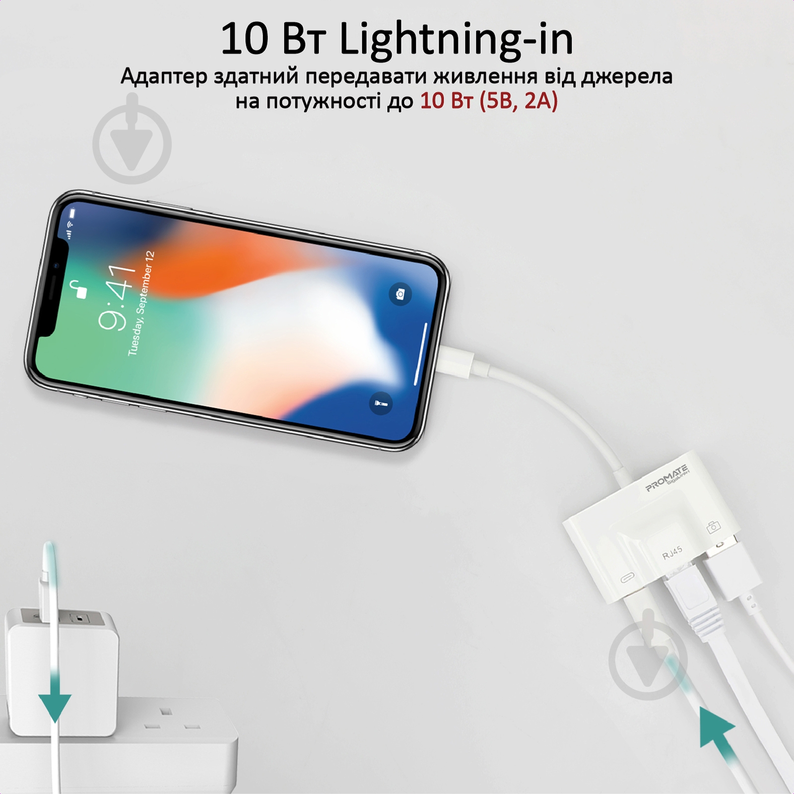 Адаптер Promate GigaLink-i Lightning/USB 3.0 OTG+Ethernet Rj-45+Lightning-in White 0,01 м белый (gigalink-i.white) - фото 5