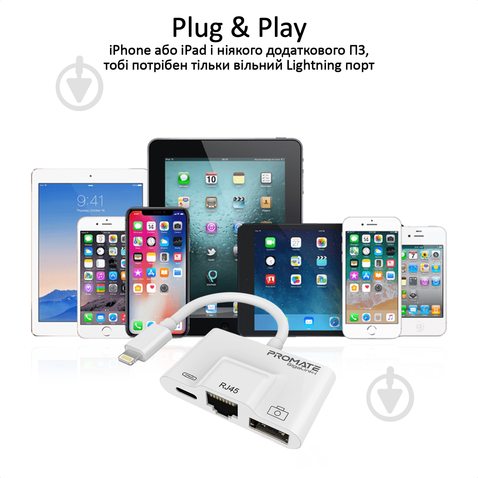 Адаптер Promate GigaLink-i Lightning/USB 3.0 OTG+Ethernet Rj-45+Lightning-in White 0,01 м белый (gigalink-i.white) - фото 6