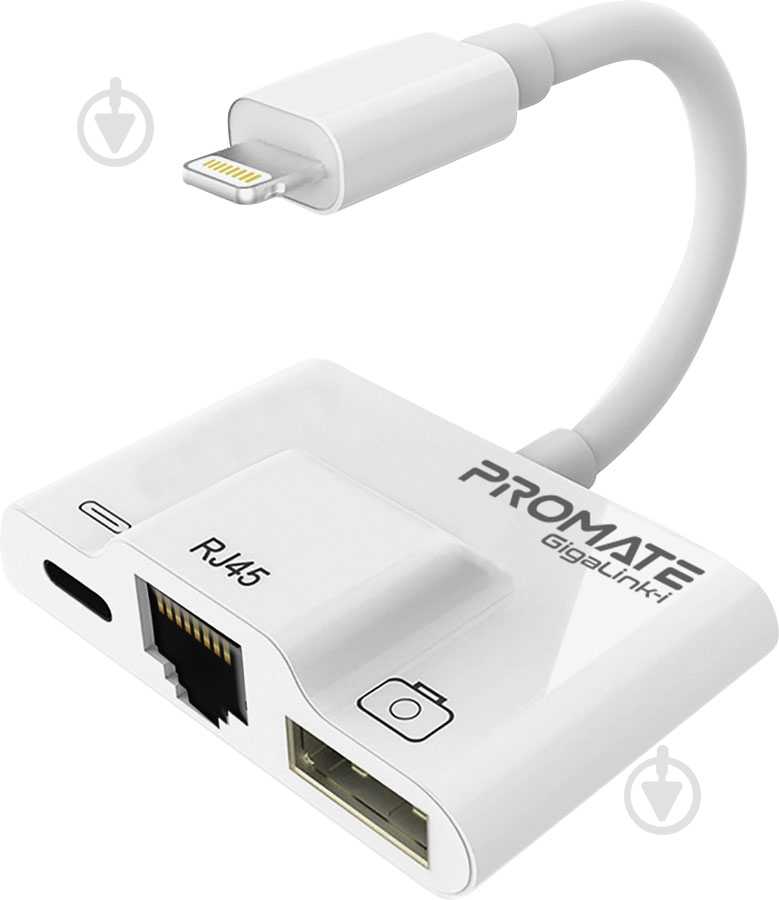 Адаптер Promate GigaLink-i Lightning/USB 3.0 OTG+Ethernet Rj-45+Lightning-in White 0,01 м белый (gigalink-i.white) - фото 1