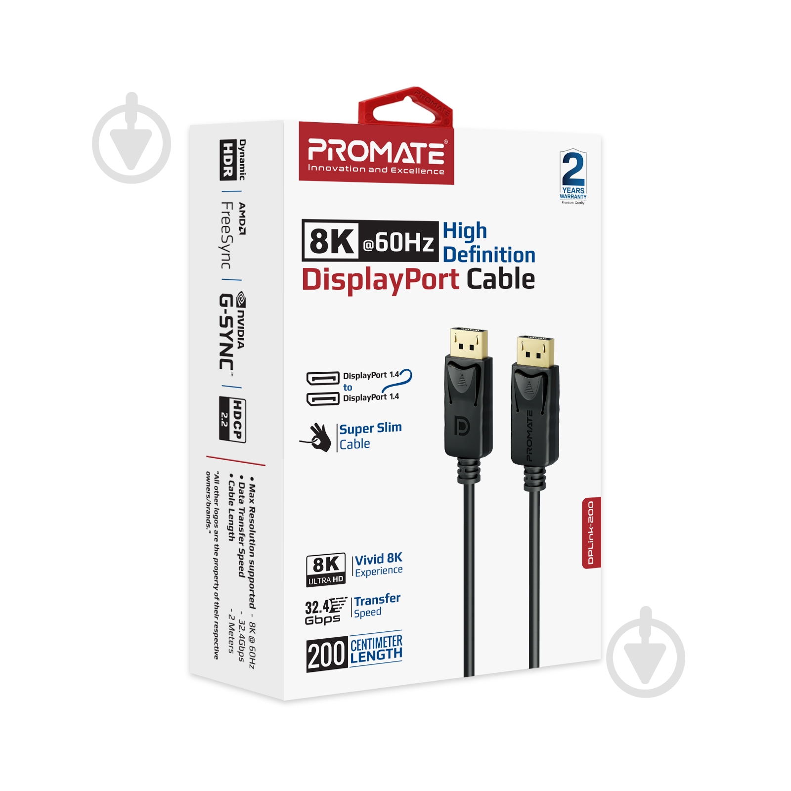Кабель Promate DPLink-200 DisplayPort to DisplayPort v1.4 2 м 2 м чорний (dplink-200.black) - фото 6