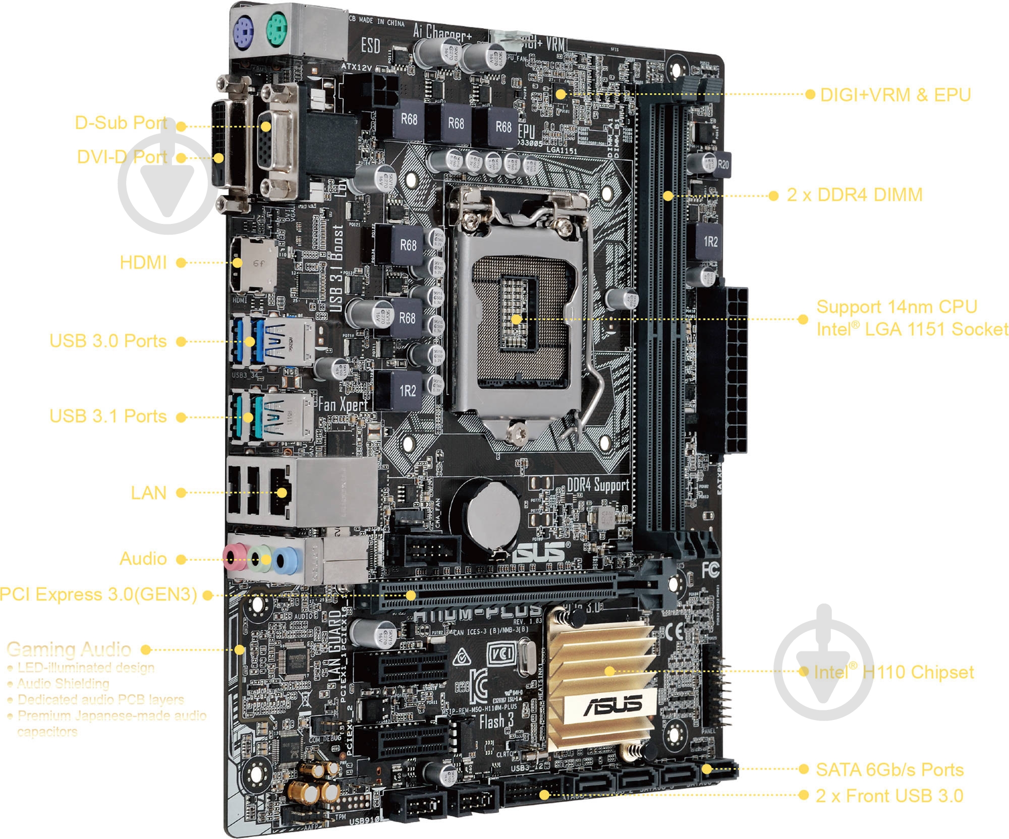 Материнская плата Asus H110M-PLUS (Socket 1151, Intel H110, mirco ATX) - фото 2 Материнская плата Asus H110M-PLUS (Socket 1151, Intel H110, mirco ATX) - фото 2