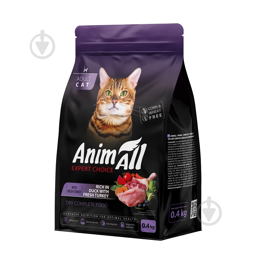 Корм сухий для котів AnimAll для дорослих котів зі свіжою індичкою та качкою 400 г - фото 1 Корм сухий для котів AnimAll для дорослих котів зі свіжою індичкою та качкою 400 г - фото 1