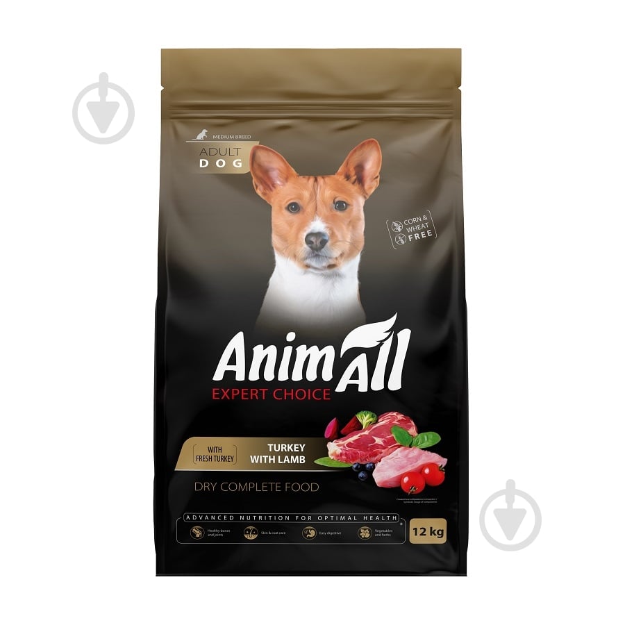 Корм сухий AnimAll для дорослих собак середніх порід зі свіжою індичкою та ягням 12 кг - фото 1 Корм сухий AnimAll для дорослих собак середніх порід зі свіжою індичкою та ягням 12 кг - фото 1