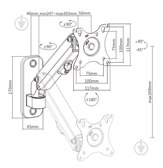 Кронштейн настенный Gembird MA-WA1-01, для мониторов поворотно-наклонные 17"-27" черный - фото 2 Кронштейн настенный Gembird MA-WA1-01, для мониторов поворотно-наклонные 17"-27" черный - фото 2