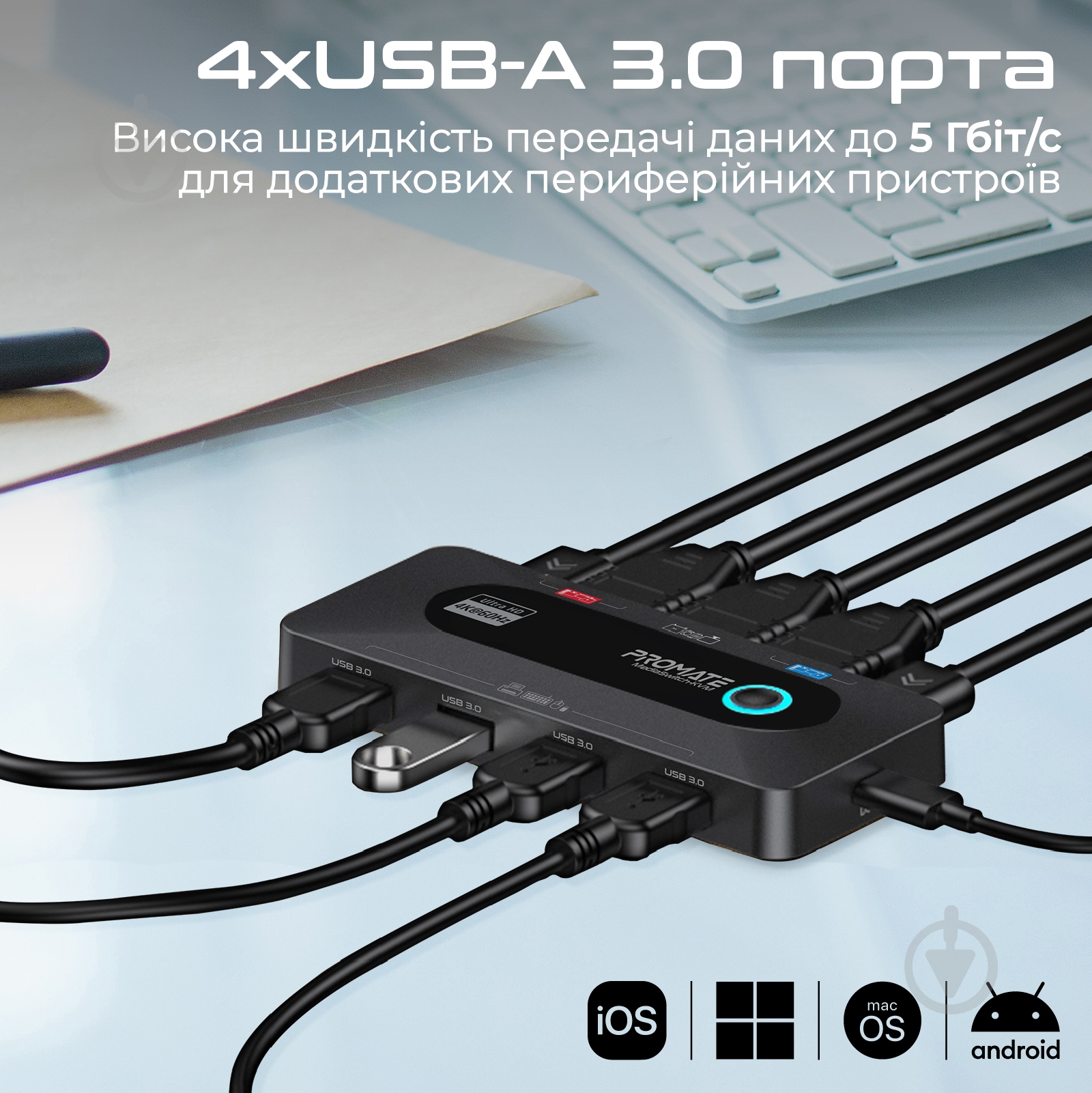 Коммутатор Promate MediaSwitch-KVM 2хHDMI to HDMI, 4хUSB-A - фото 4 Коммутатор Promate MediaSwitch-KVM 2хHDMI to HDMI, 4хUSB-A - фото 4
