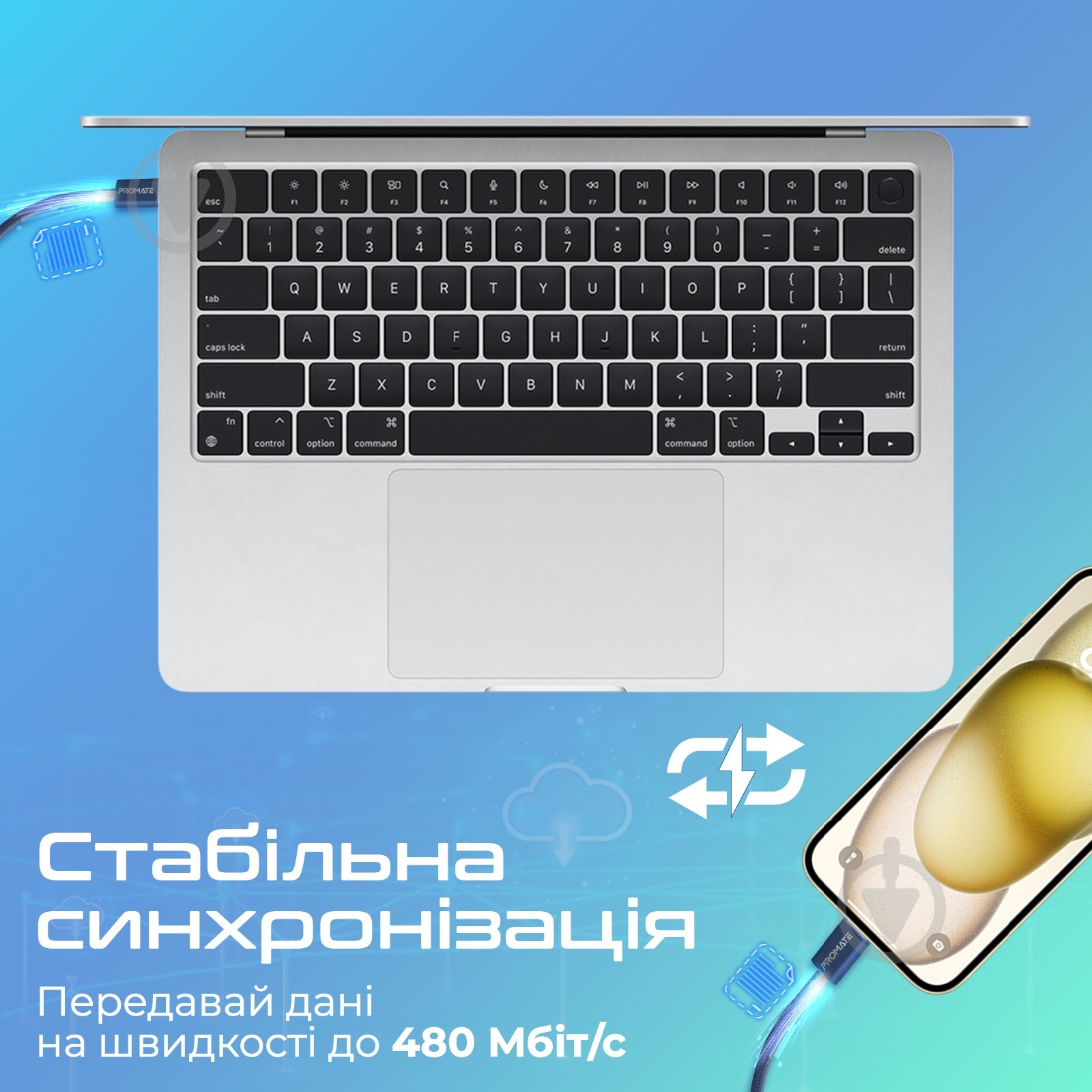 Кабель Promate EcoLine-Ci120 USB-C to Lightning 27W Power Delivery 1,2 м синий (ecoline-ci120.navy) - фото 3 Кабель Promate EcoLine-Ci120 USB-C to Lightning 27W Power Delivery 1,2 м синий (ecoline-ci120.navy) - фото 3