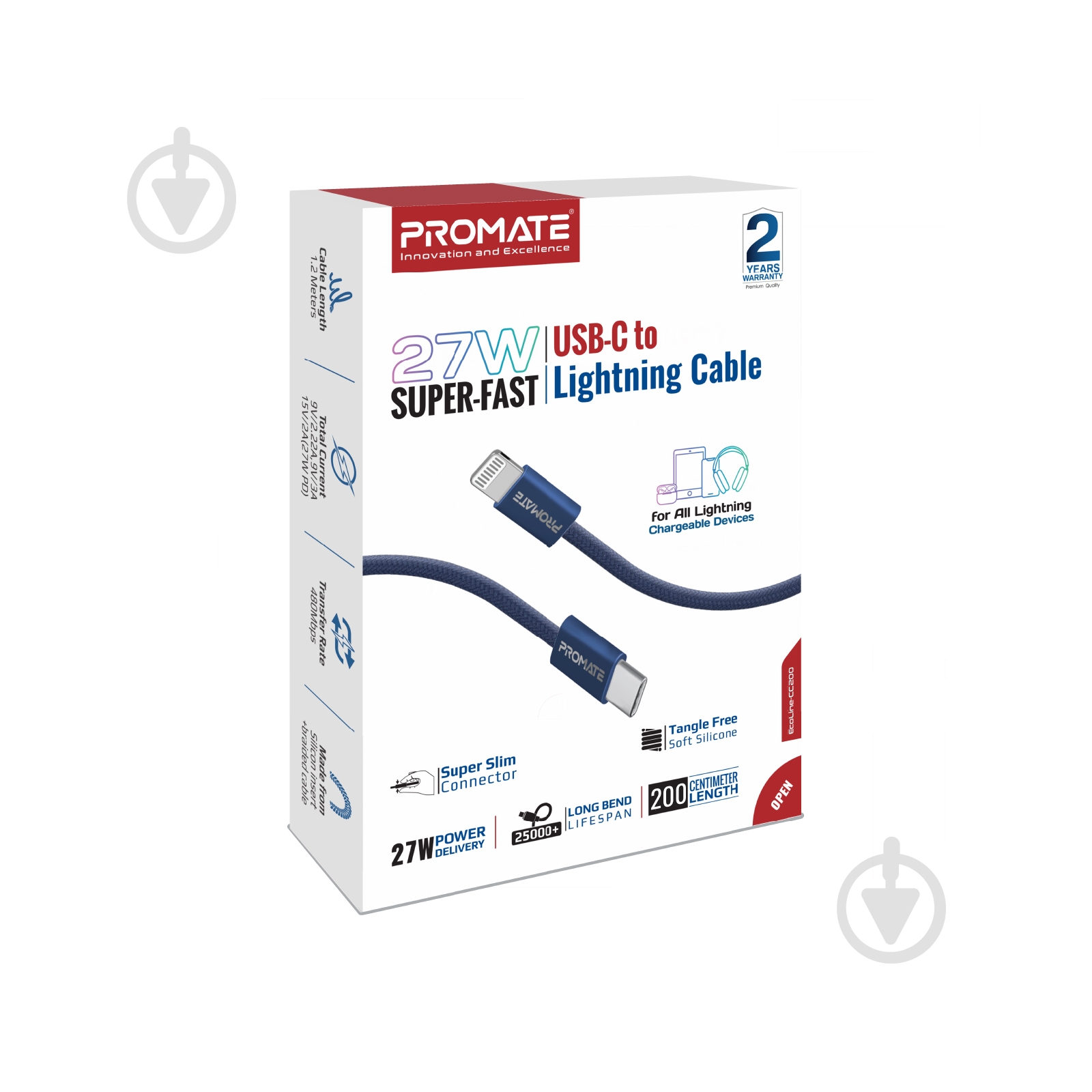 Кабель Promate EcoLine-Ci120 USB-C to Lightning 27W Power Delivery 1,2 м синий (ecoline-ci120.navy) - фото 7 Кабель Promate EcoLine-Ci120 USB-C to Lightning 27W Power Delivery 1,2 м синий (ecoline-ci120.navy) - фото 7