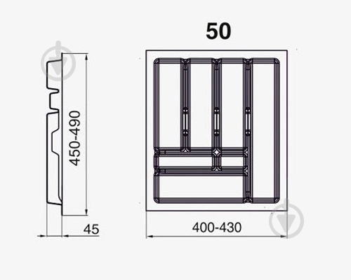 Лоток для столових приборів Rejs PRO 430x490x45 мм фасад 500 мм пластиковий сірий ТЕ13.2666.05.036 - фото 3 Лоток для столових приборів Rejs PRO 430x490x45 мм фасад 500 мм пластиковий сірий ТЕ13.2666.05.036 - фото 3