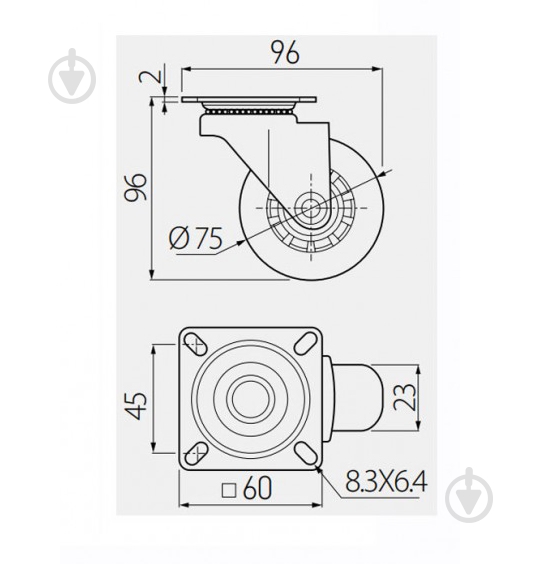 Ролик мебельный GTV Brazylia d75 мм h-96 мм повортный без стопора прозрачный (колесо для мебели) KM-RD-75-SF - фото 2