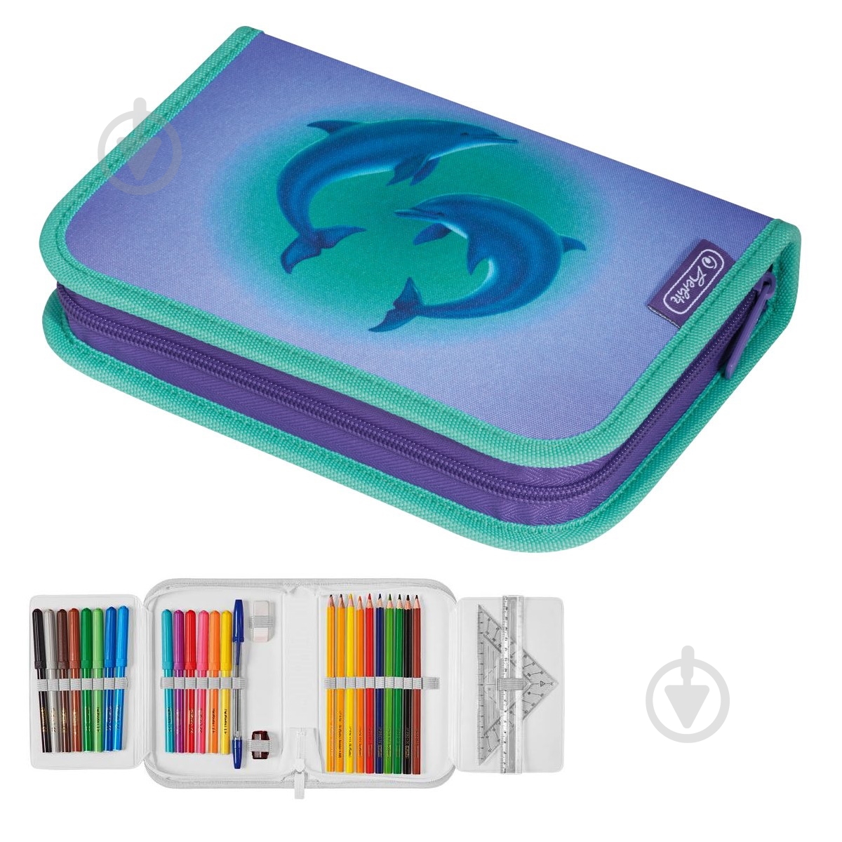 Пенал 31 предмет Dolphins 50032952 Herlitz голубой с рисунком - фото 1