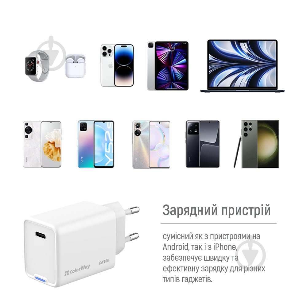 Зарядное устройство ColorWay GaN Mini 65W PD Port PPS USB-C белый - фото 9 Зарядное устройство ColorWay GaN Mini 65W PD Port PPS USB-C белый - фото 9