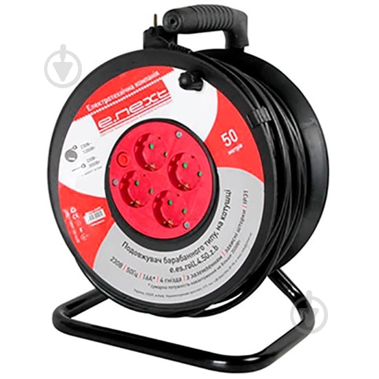 Удлинитель на катушке E.NEXT e.es.roll.4.50.z.b. (s04209) с заземлением 4 гн. черный 50 м - фото 1