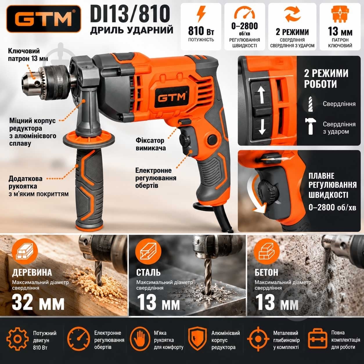 Дрель ударная GTM DI13/810 - фото 4