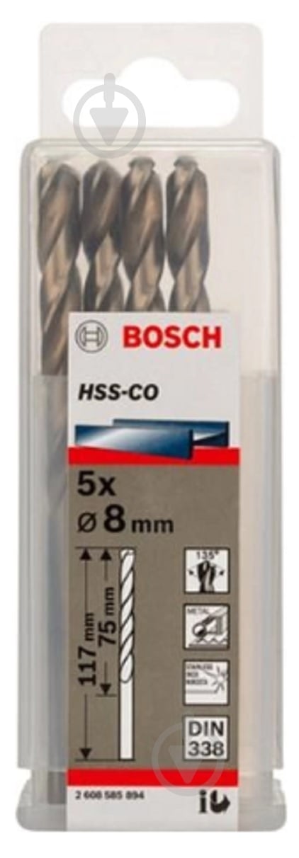 Набор сверл по металлу Bosch HSS-CO 8 мм 5 шт. 2608585894 - фото 1 Набор сверл по металлу Bosch HSS-CO 8 мм 5 шт. 2608585894 - фото 1