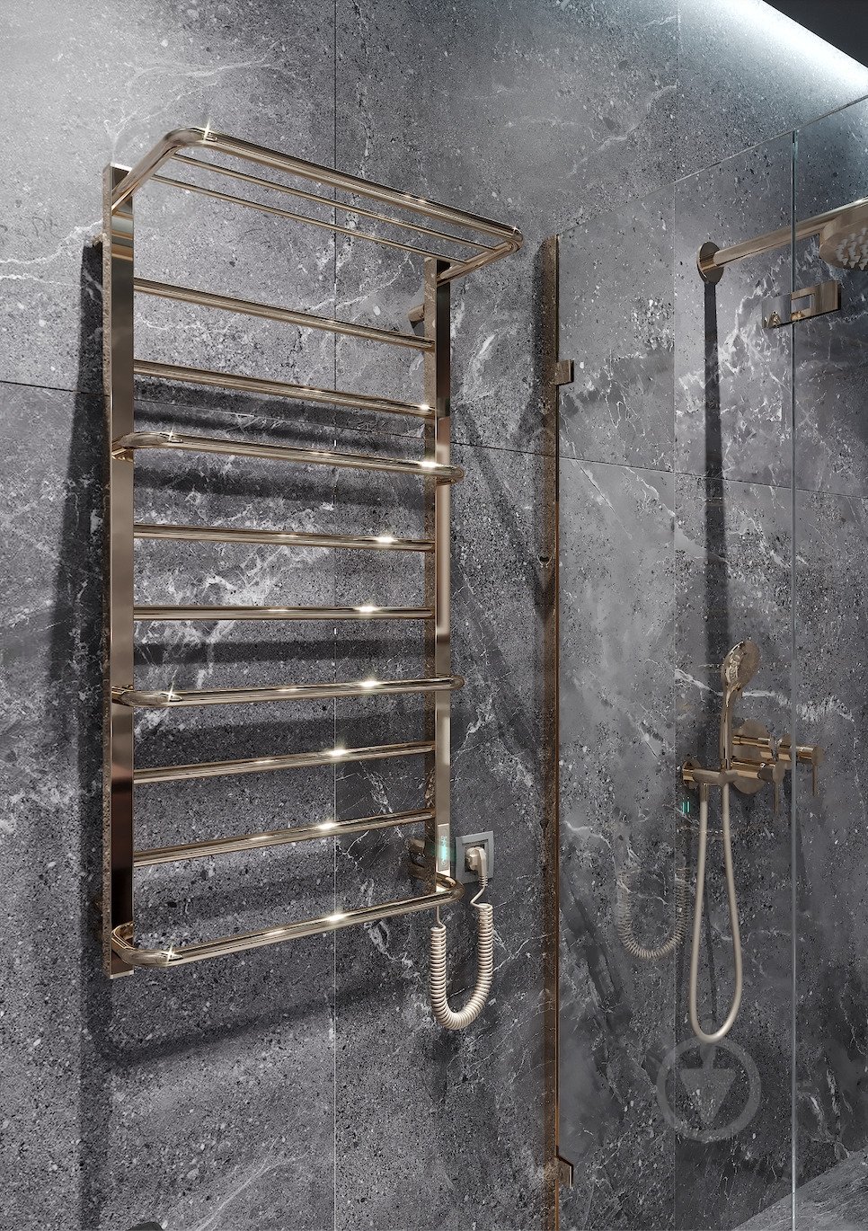 Полотенцесушитель электрический Elna Каскад Люкс з полицею 10 (1010*530*290) поліроване золото з діммером t - фото 1