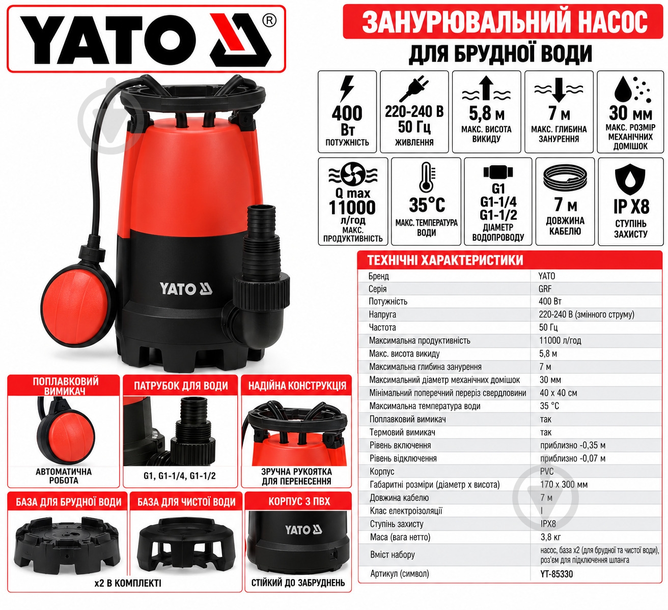 Насос для брудної води YATO YT-85330 - фото 4