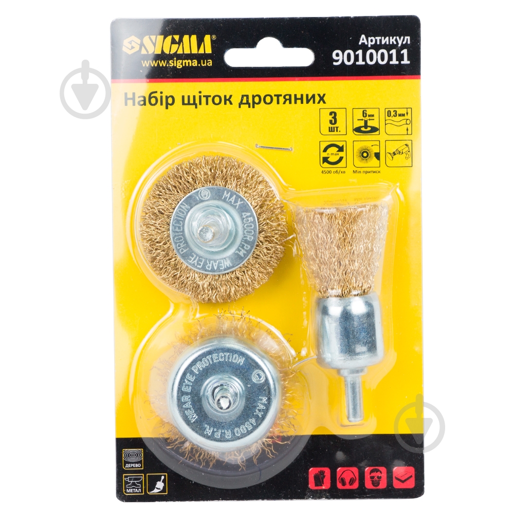 Набор щеток проволочных 3 шт Ø 25; 50; 50 мм хвостовик Ø 6 мм (латунированная) Sigma 9010011 - фото 2 Набор щеток проволочных 3 шт Ø 25; 50; 50 мм хвостовик Ø 6 мм (латунированная) Sigma 9010011 - фото 2