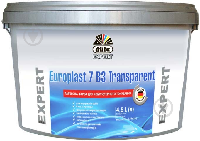 Краска латексная с колорированием Dufa Europlast 7 B3 Transparent шелковистый мат VN 2310 4,5 л - фото 2 Краска латексная с колорированием Dufa Europlast 7 B3 Transparent шелковистый мат VN 2310 4,5 л - фото 2
