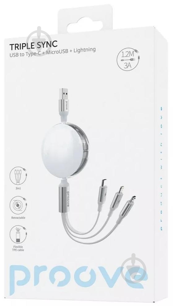 Кабель Proove Triple Sync 3 in1 Type-C + Micro USB + Lightning 1,2 м белый (CCTS20001502) - фото 2