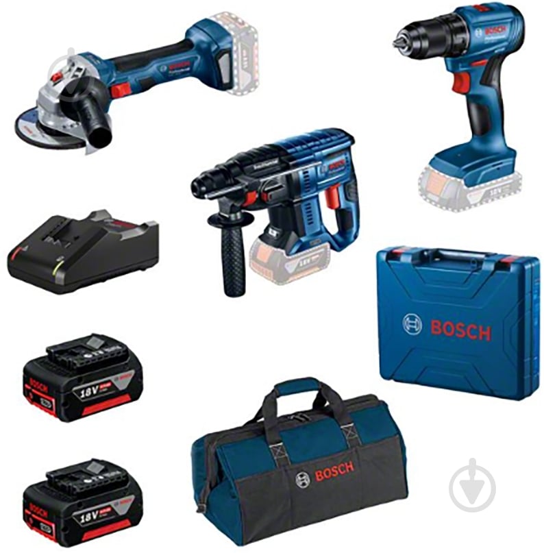 Набір інструментів Bosch Professional GSR 185-LI + GWS 180-LI + GBH 180-LI (2x 4.0 Ah, GAL 18V-40, bag), brus 0615990N1Y - фото 1