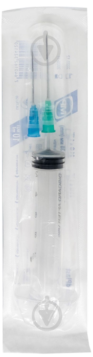 Шприц MP MedPlast 10 мл ін'єкційний гіподермальний 3-компонентний дві голки 21G і 23G стерильний - фото 1