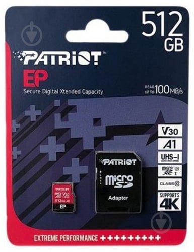Карта памяти Patriot microSDXC 512 ГБ UHS-I Class 3 (U3)Class 10 (PEF512GEP31MCX ) EP A1 + SD-adapter - фото 2