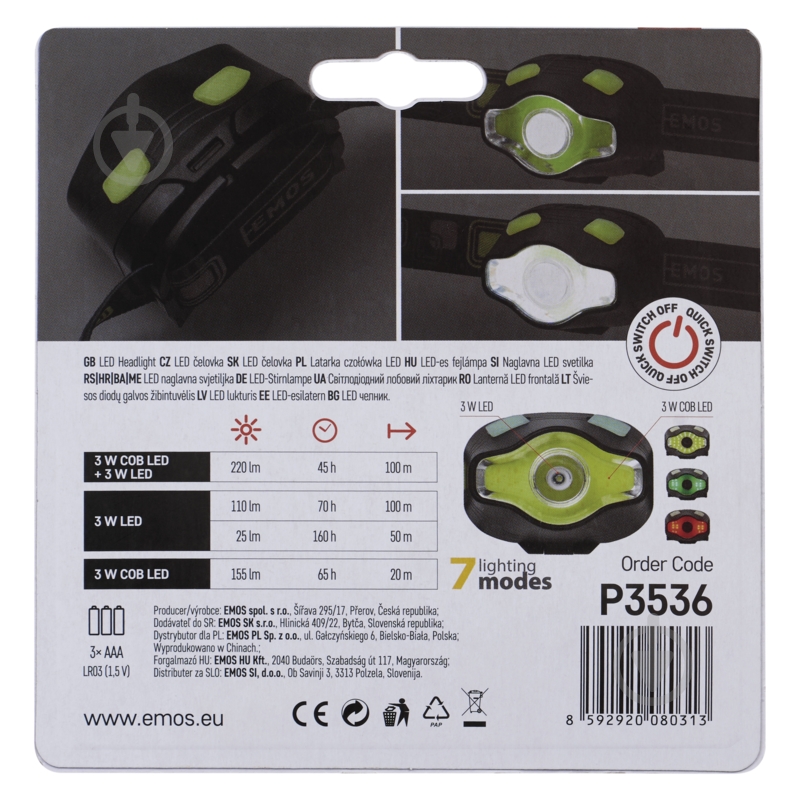 Фонарь налобный Emos LED P3536 3W 220Lm 3хAAА 220 Lm черный P3536 - фото 6