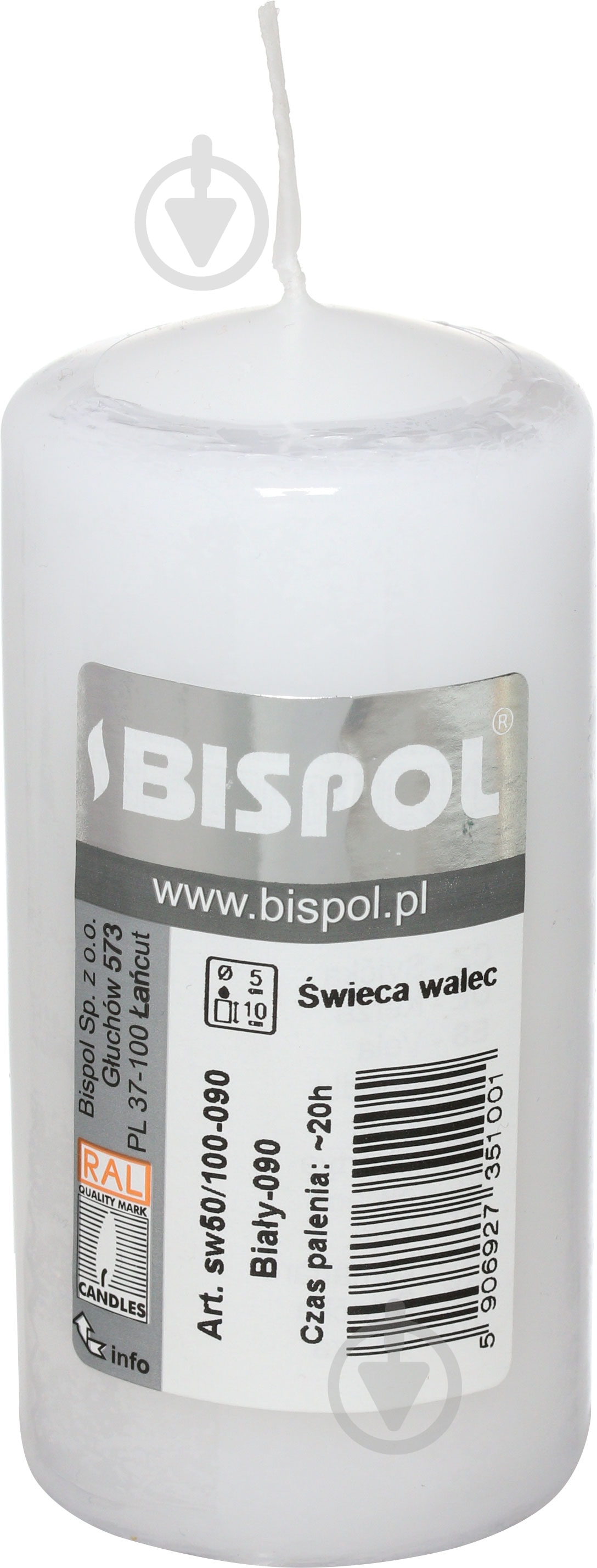 Свеча цилиндрическая 50/100-090 белая Bispol - фото 2