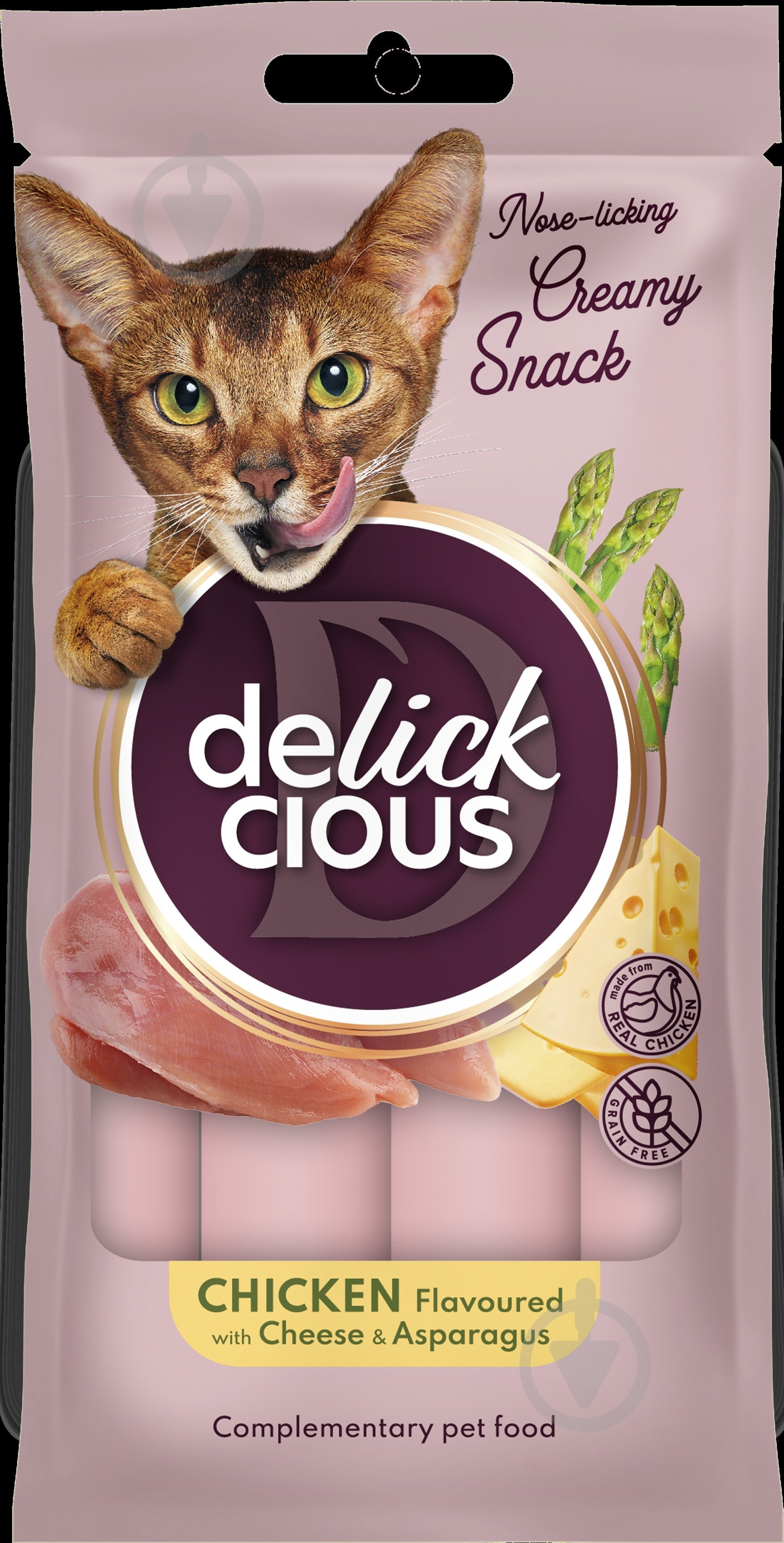 Лакомство для котов DELICKCIOUS кремовое лакомство – курица с добавлением сыра и спаржи (4х0,015 кг) - фото 1 Лакомство для котов DELICKCIOUS кремовое лакомство – курица с добавлением сыра и спаржи (4х0,015 кг) - фото 1