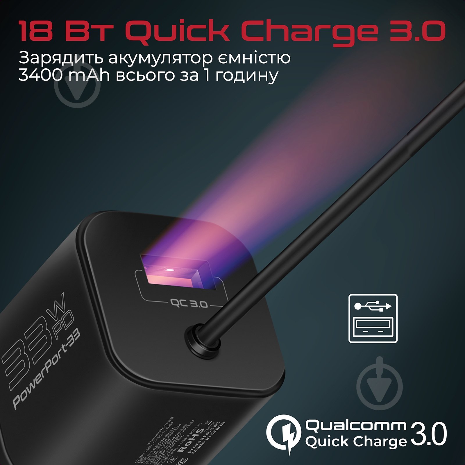 Мережевий зарядний пристрій Promate PowerPort-PDQC3 33 Вт USB-A порт + USB-C кабель (powerport-pdqc3.black) - фото 4
