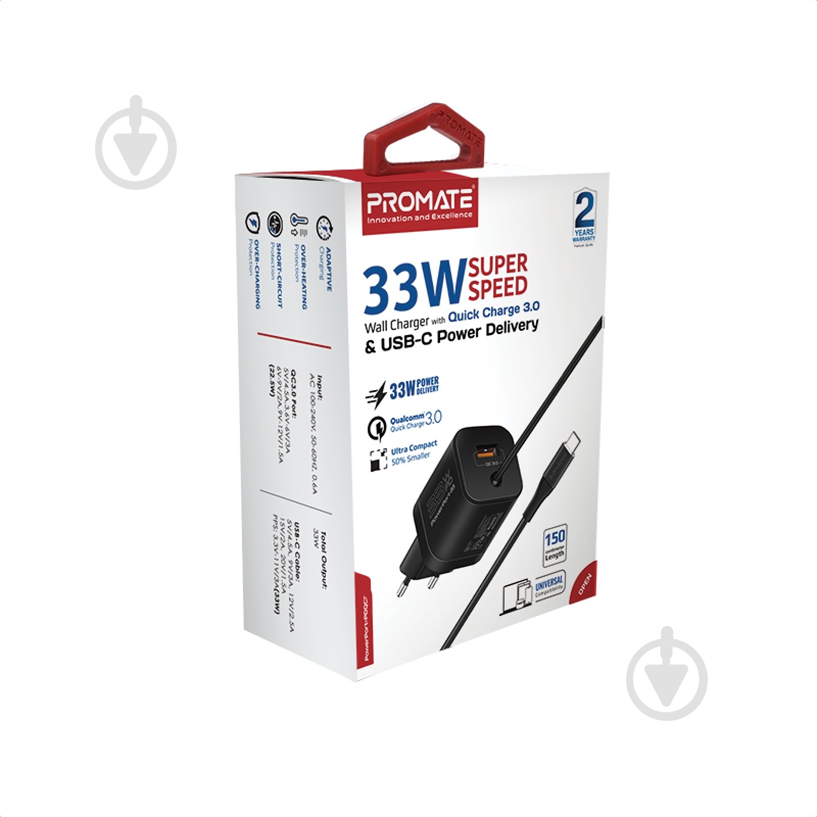 Мережевий зарядний пристрій Promate PowerPort-PDQC3 33 Вт USB-A порт + USB-C кабель (powerport-pdqc3.black) - фото 7