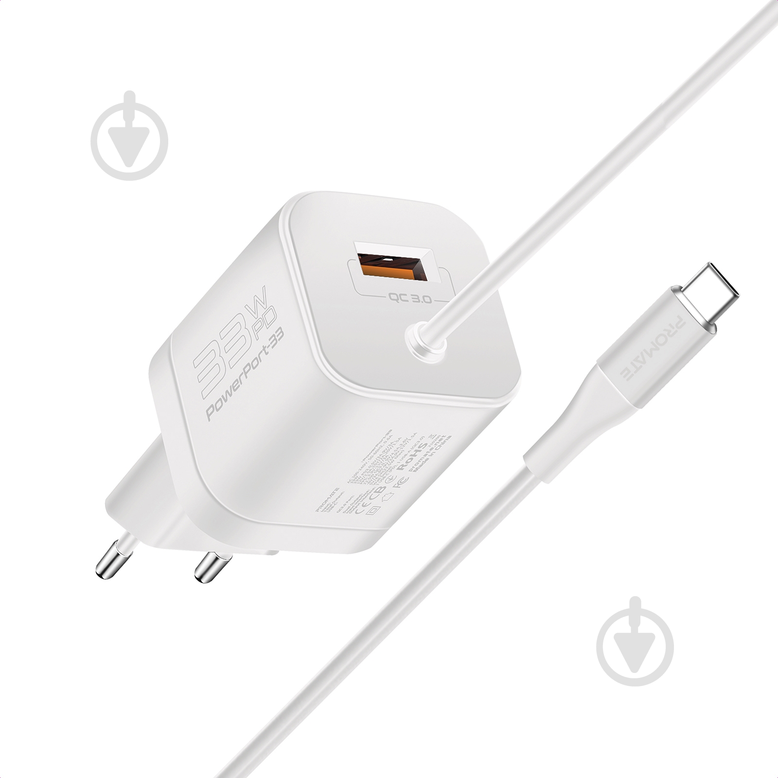 Мережевий зарядний пристрій Promate PowerPort-PDQC3 33 Вт USB-A порт + USB-C кабель - фото 1