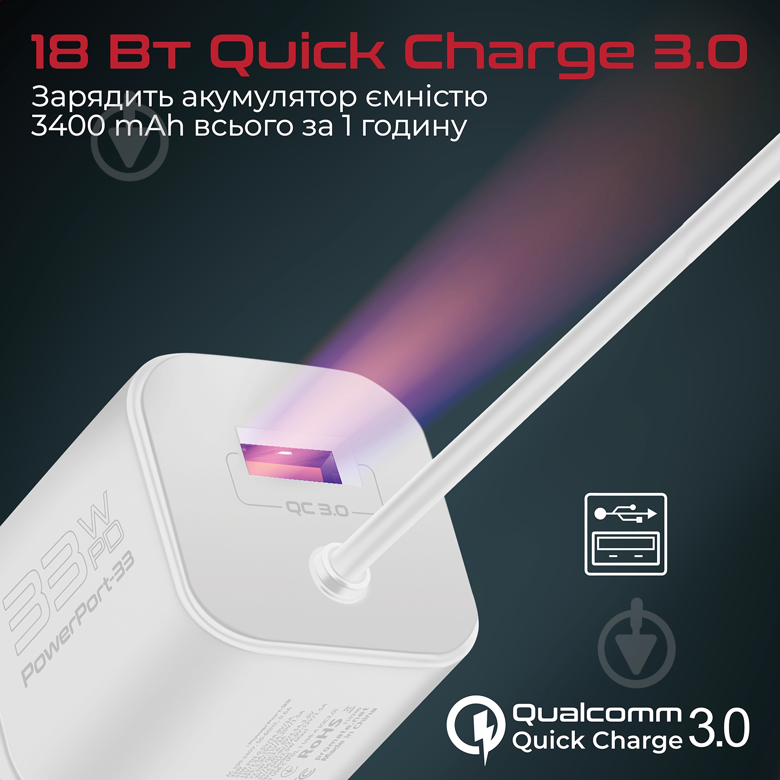 Мережевий зарядний пристрій Promate PowerPort-PDQC3 33 Вт USB-A порт + USB-C кабель - фото 4