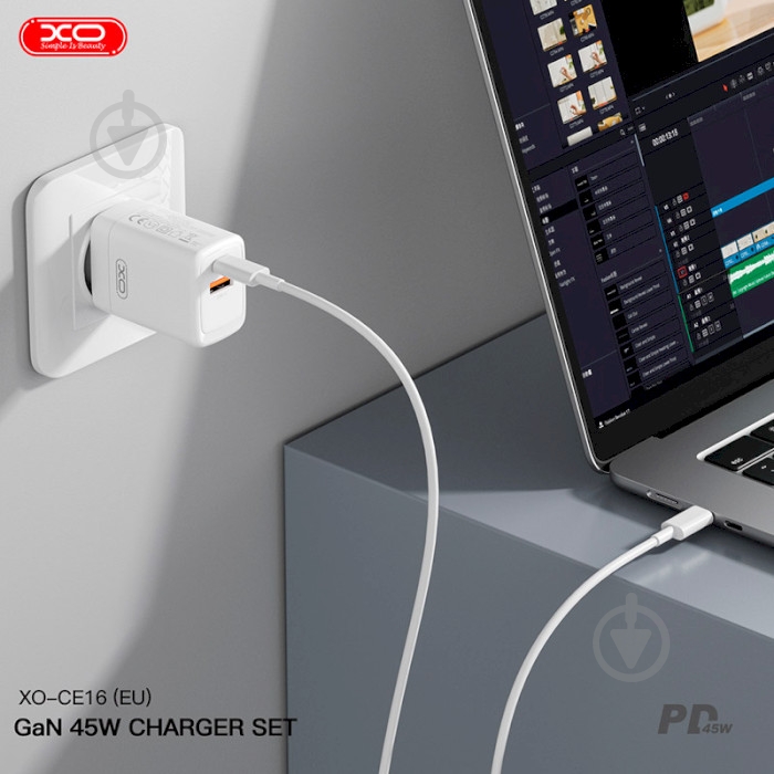 Сетевое зарядное устройство Xo CE16 1xUSB-A/1xUSB-C/QC3.0 PD45W White (CE16_WHITE) - фото 3 Сетевое зарядное устройство Xo CE16 1xUSB-A/1xUSB-C/QC3.0 PD45W White (CE16_WHITE) - фото 3